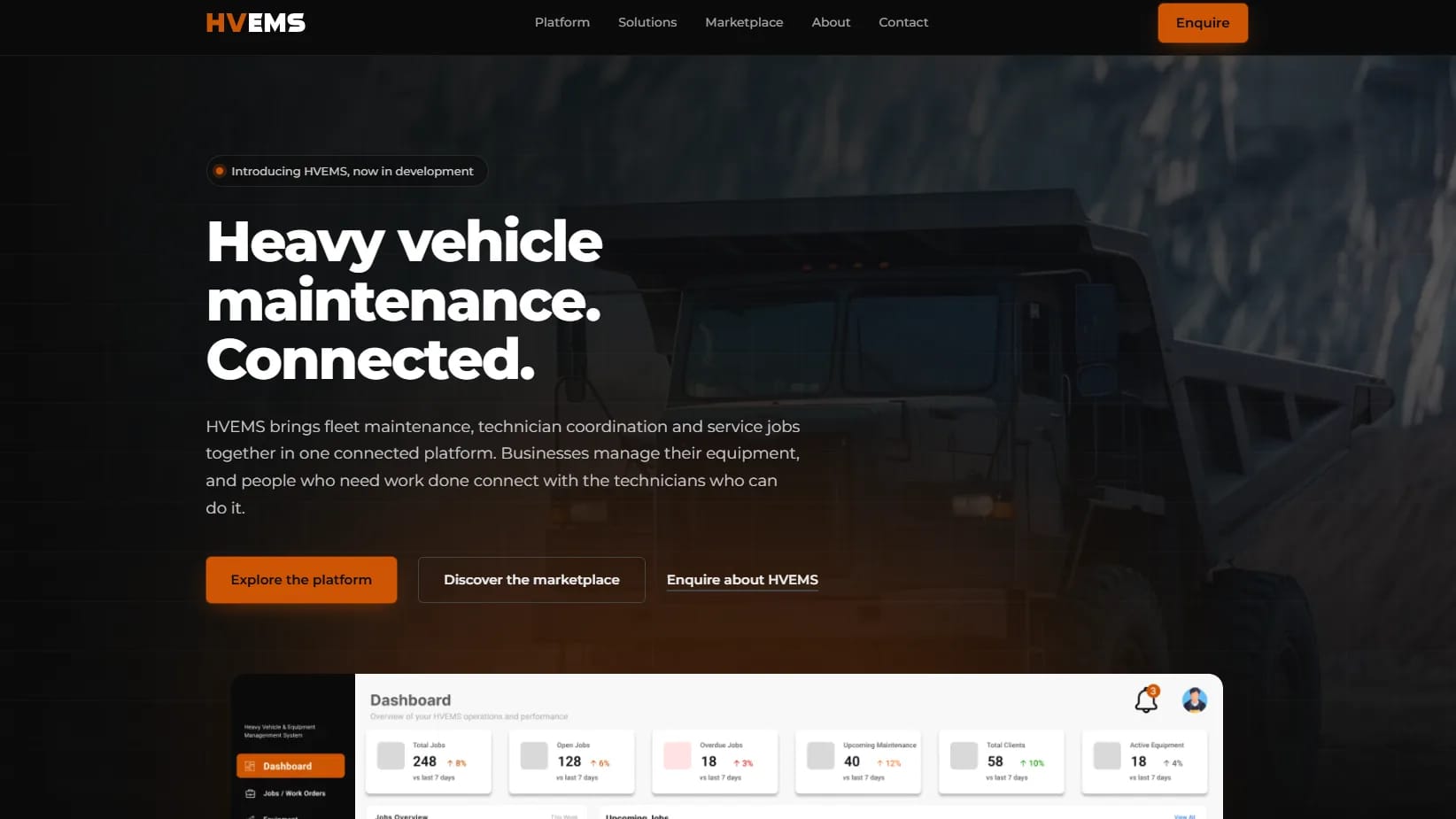 HVEMS home page with the headline Heavy vehicle maintenance. Connected. above a preview of the fleet dashboard