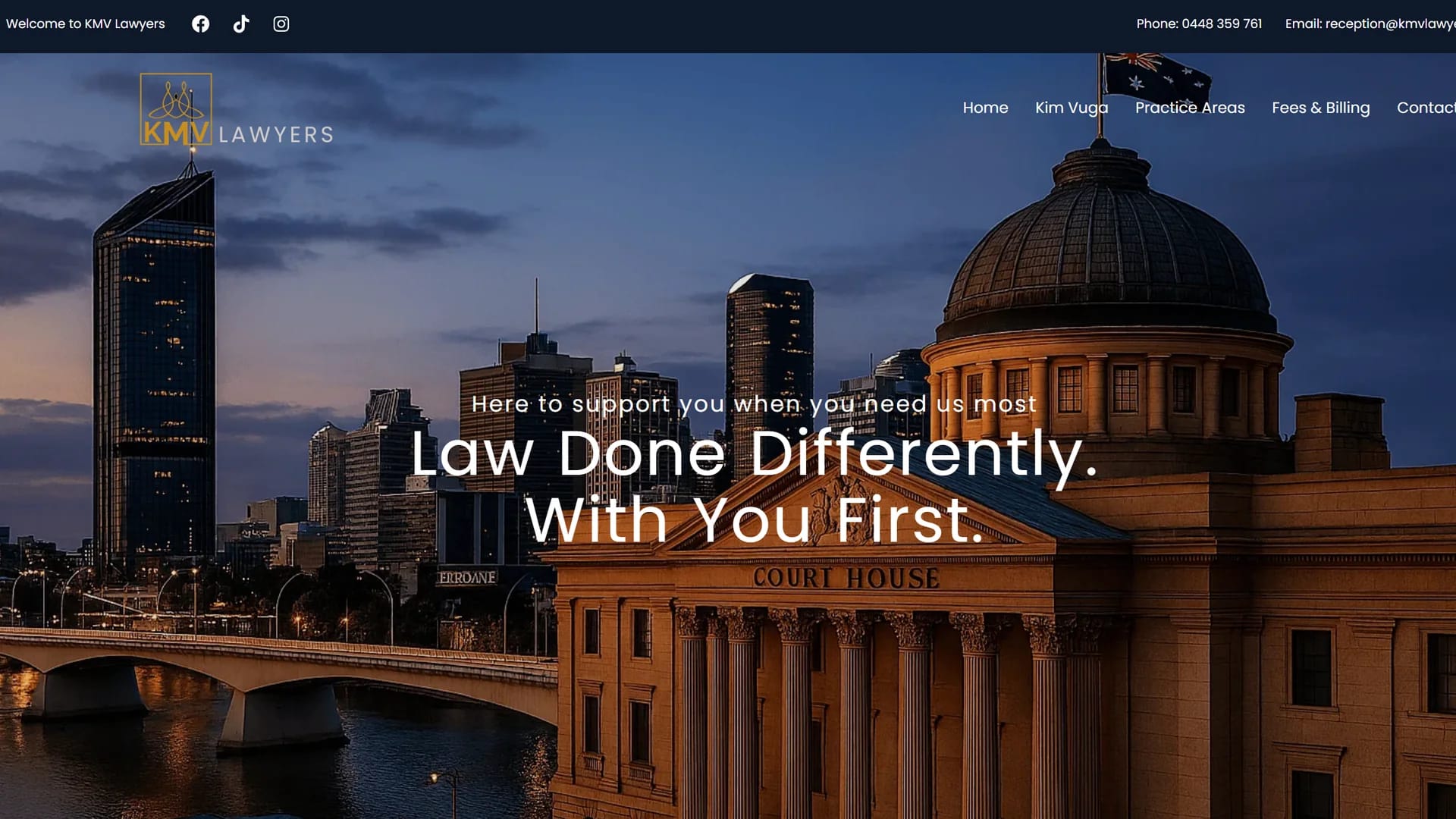 KMV Lawyers home page with the headline Law Done Differently. With You First. over a courthouse at dusk
