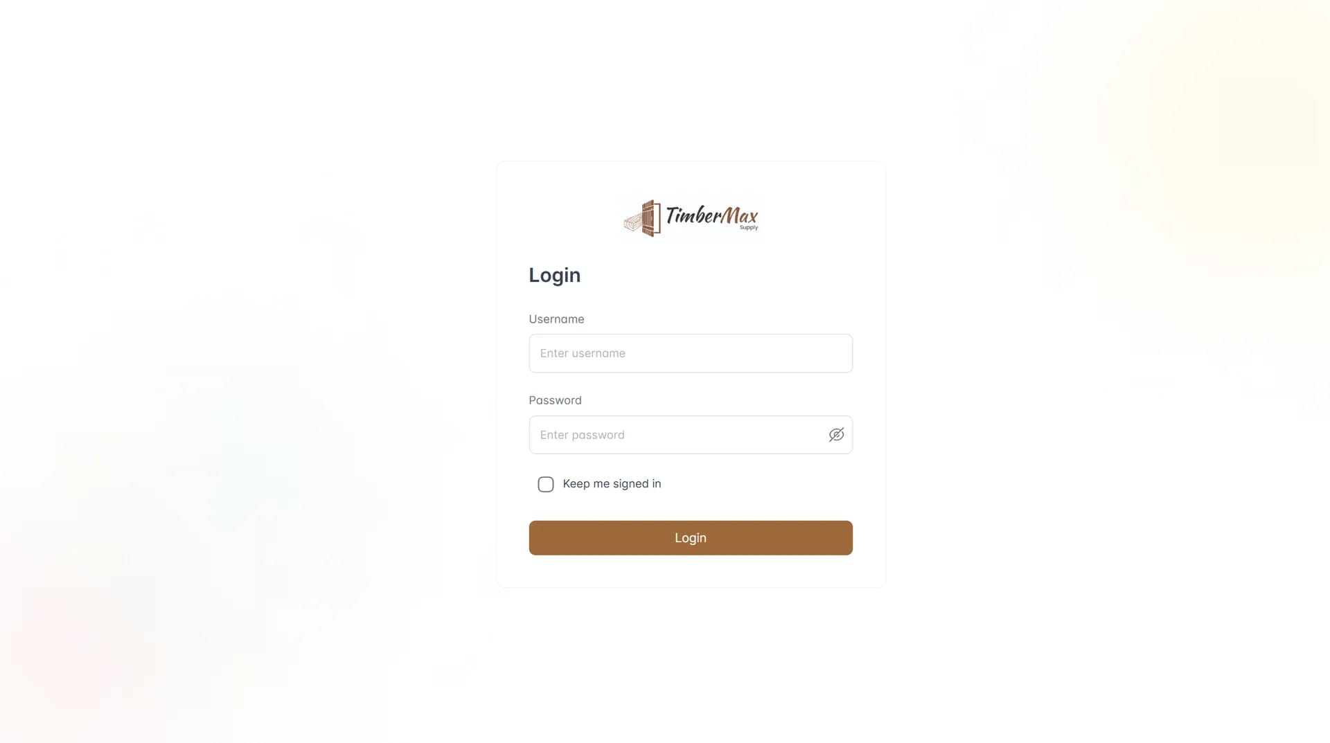 TimberMax Supply portal sign-in screen with username, password and keep me signed in fields