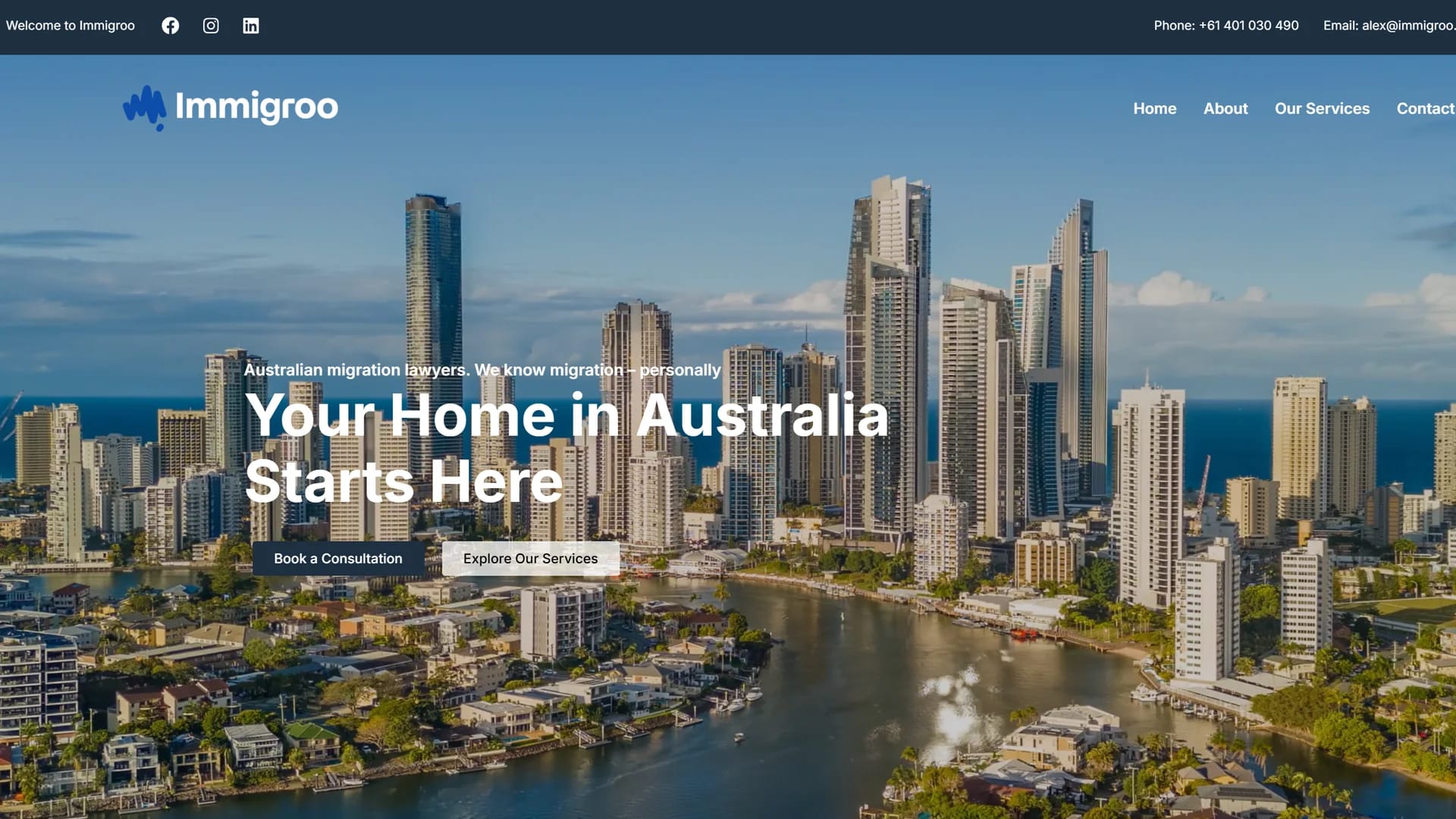 Immigroo home page with the headline Your Home in Australia Starts Here over the Gold Coast skyline