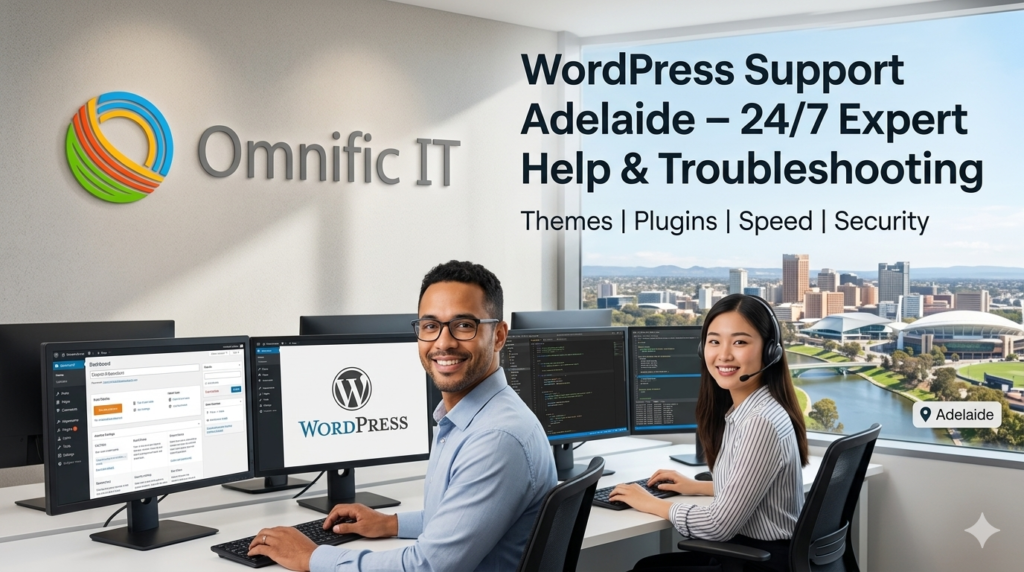 The image is a promotional banner for 'WordPress Support Adelaide – 24/7 Expert Help & Troubleshooting' by Omnific IT. It shows an IT expert working at an office desk with two monitors, which feature the Adelaide cityscape skyline as their background. The Omnific IT logo is displayed prominently on the screens and in the foreground. A laptop and a cup of coffee are also on the desk. This banner promises round-the-clock professional assistance for all WordPress-related issues in Adelaide.