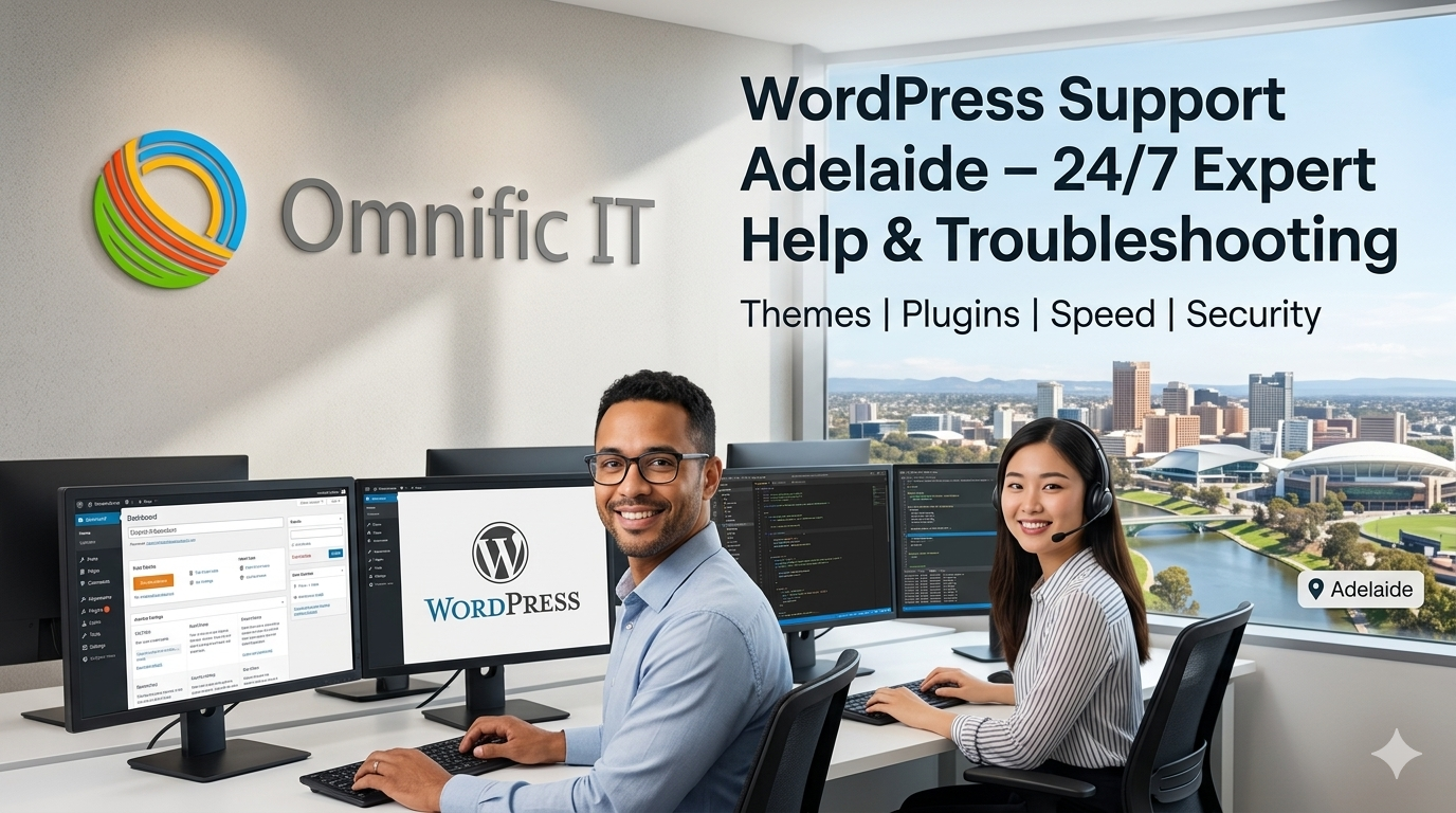 The image is a promotional banner for 'WordPress Support Adelaide – 24/7 Expert Help & Troubleshooting' by Omnific IT. It shows an IT expert working at an office desk with two monitors, which feature the Adelaide cityscape skyline as their background. The Omnific IT logo is displayed prominently on the screens and in the foreground. A laptop and a cup of coffee are also on the desk. This banner promises round-the-clock professional assistance for all WordPress-related issues in Adelaide.